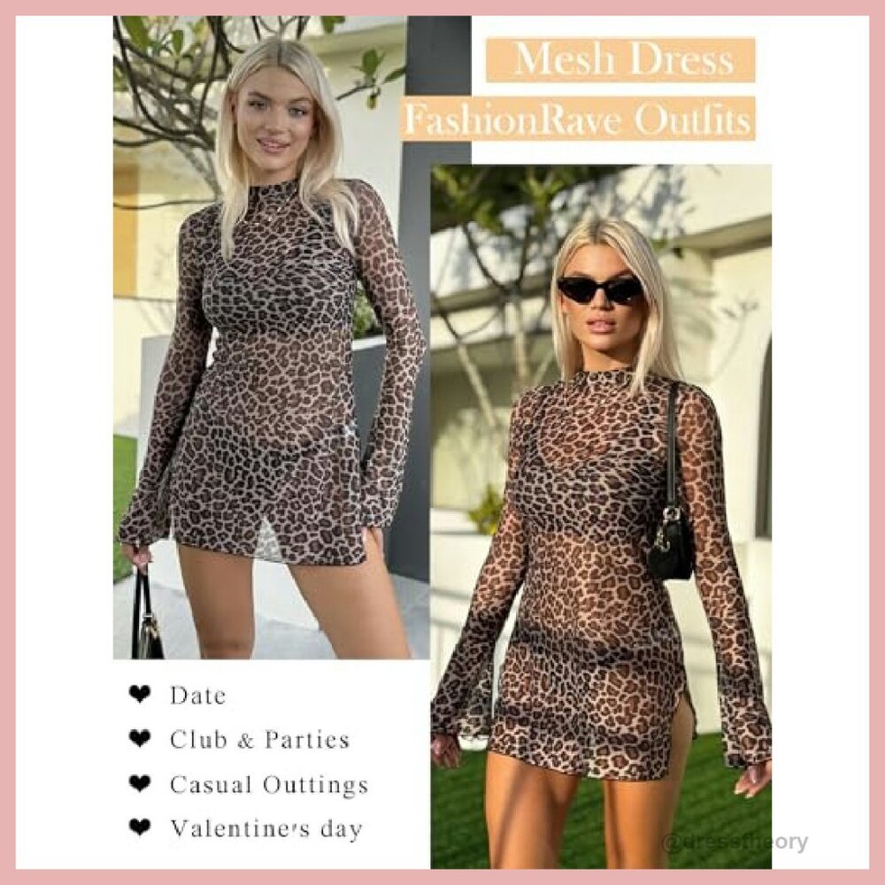 Mesh Bodycon Dress with Bell Sleeves, Turtle Neck, Side Slits - Picture 5 of 8